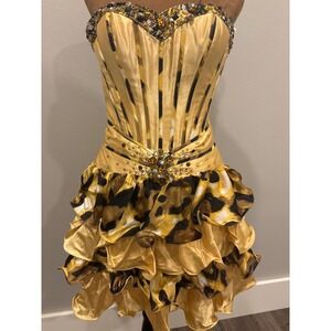 Tony B Strapless Corset Dress Cheetah Ruffle Embellished Gold Party formal size4
